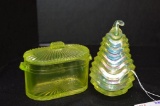 1 Vaseline Lidded Mustard Dish, 1 Glass Lidded Pear  by Fenton