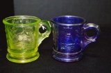 2 Small Handled Cups: 1 Vaseline, 1 Carnival Animal Motif