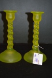 2 Frosted Vaseline Candle Holders 8 1/2