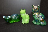 3 Cat Paperweights: 1 Signed and Hand painted by Fenton, 1 Clear Green Opal