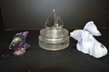 Group of Clear Sailboat Covered Dish: Small Purple Carnival Glass Fish and