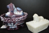 Purple Slag Lion Open Edge Covered Dish, White Milk Glass Lion Dish - Small