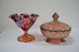Pair of Pink Carnival Leaf Pattern Covered Dish and Footed Dish 5 1/2