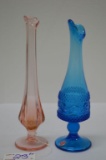 Pair Small Vases: 1 Blue Pressed Glass Made in Italy, 1 Pink Pressed Glass