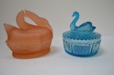 2 Covered Swan Dish: 1 Clear Blue, 1 Frosted Vase