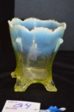 Vaseline Opalescent Vase - Grape Pattern