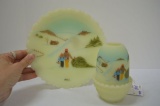 Set of Custard Fenton Hand painted and Signed Fenton Fairy Lamp and Plate 1