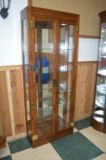 2 Door Dark Wood Display Cabinet w/ Brass Accents, 5 Glass Shelves, Lighted w Mirrored Back