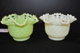 Pair Custard Basket Weave, Open Lace Baskets: 1 Lime Sherbet - Both Fenton