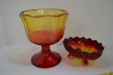 1 Amberina Compote w/ Grape Pattern, 1 Button and Daisy Dish