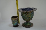 1 Blue Carnival Basket Weave - Imperial Glass, Open Lace Dish and 1 Carniva