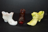 3 Shoe Toothpick Holders: 1 Hand painted and Signed, 1 Yellow Slag w/ Kitte