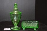 1 Clear Green Footed Trough Dish, 1 Clear Green Covered Candy Dish