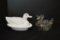 1 White Duck w/ Glass Eyes on Nest - Westmoreland, 1 Clear Duck Soap Dish w