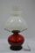 Oil Lamp Red Font w/ Shade Bracket, Chimney and Hobnail Shade