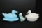 2 Duck Covered Dish: Blue has Chigger on Lid, 1 Blue Hand painted and Signe