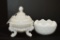 Milk Glass White Quilt Pattern Bowl and Shell Covered Candy w/ Dolphin Legs