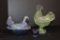 1 Green Covered Rooster Dish, 1 Carnival Hen on Nest, 1 Small Cobalt Chicke