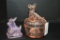 Pair Scottie Dogs: 1 Pink Covered Dish, 1 Pink Luster Figure