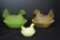 3 Hens on Nest: 1 Green Frosted, 1 Yellow Frosted, Mini Yellow Milk Glass b