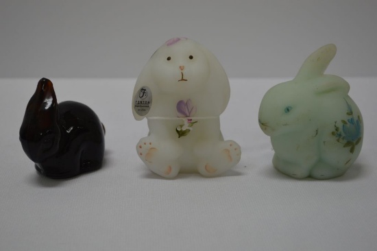 Rabbit Figurines: 1 Brown Pressed Glass, 1 White Satin Hand painted and Sig