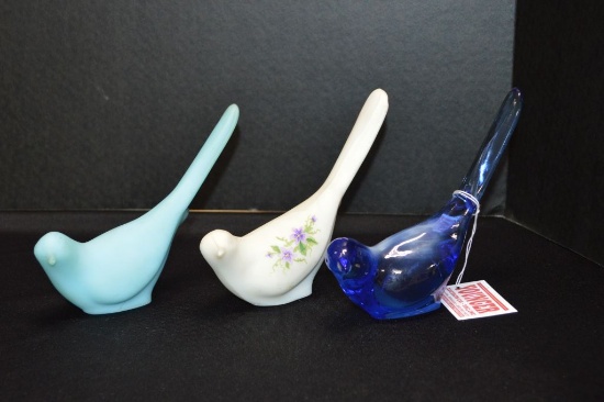 3 Glass Birds: 1 Blue Custard, 1 Blue/White, 1 Custard Hand painted Fenton