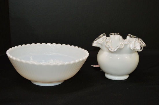 White Milk Glass Bowl Windmill Pattern, White Wave Crest Vase 4 1/2"