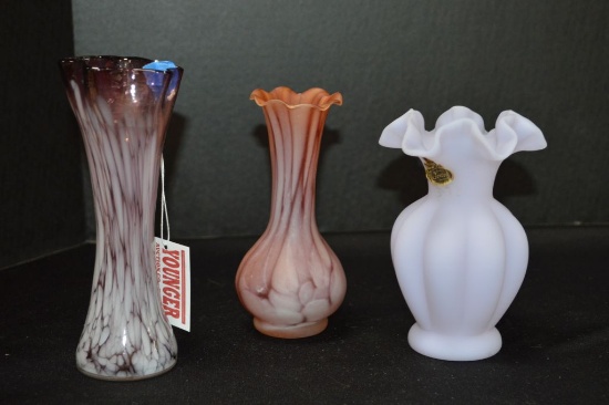 3 Vases: 2 Art Glass, 1 is Lefton 7", 1 Lavender Marked Fenton Ruffled Edge