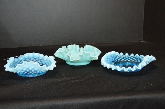 2 Blue Opalescent Hobnail Ruffled Edge Shallow Bowls, 1 Blue Hobnail Milk G