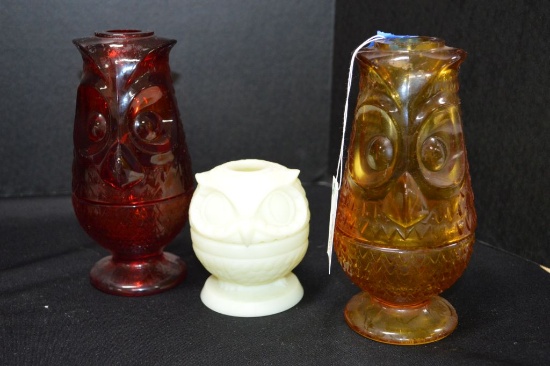 3 Owl Fairy Lamps: 2 Clear Amber and Red 7", 1 Custard Fenton Owl