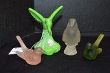 Group of 4 Bird Figurines: 1 Green Fenton Slag Hummingbird, 3 Frosted, 2 We
