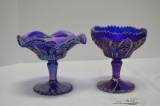 2 Carnival Blue Daisy and Shield Stemmed Shallow Dish by Imperial Glass