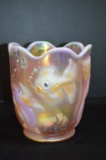 Pink Iridescent Fish Vase by Fenton Hand painted and Signed