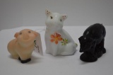 3 Pigs: 1 Purple Pressed Glass Sow, 1 Milk Glass Hand painted and Signed Fe