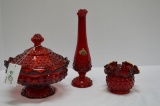 Group of Red Hobnail/ Ruffled Edge Vase Covered Dish by Fenton and  8 1/2