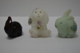 Rabbit Figurines: 1 Brown Pressed Glass, 1 White Satin Hand painted and Sig