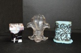 3 Toothpick Holders: Blue Slag Book w/ Pot Metal Overlay, 1 Clear, 1 Purple