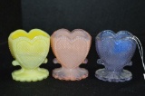 3 Toothpick Holders: 1 Diamond Heart Pattern, 1 Yellow Slag, 1 Opaque Pink