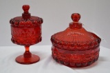2 Red Bead and Bullseye Covered Dishes; 1 Stemmed