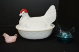 1 Mini Pink Iridescent Mini Chicken Figurine, 1 Mini Blue Hen on Nest, 1 Wh