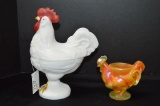 Orange Shiny Slag Rooster Dish by Boyd, White Rooster Hand painted by Westm