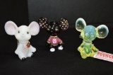 3 Mice Figurines: 1 Opalescent Vaseline, 1 White Custard Hand painted and S