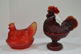 1 Garnet Red Rooster Dish - Small Chigger on Rim, 1 Red Pressed Glass Hen o
