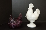 White Pressed Glass Rooster Dish and Purple Slag Hen on Nest