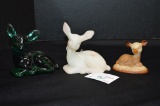 3 Deer Figurines: 1 Small Brown Slag, 1 White Custard Hand painted and Sign