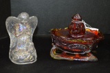 1 Red Carnival Glass Santa on Sleigh, 1 Clear Iridescent Angel Figurine by