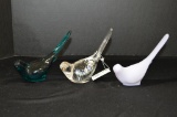 3 Glass Birds: 1 Teal and Lavender Custard by Fenton, 1 Clear Stamped Flowe