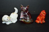 1 Carnival Glass Fox by Fenton, 1 White Custard Dog Hand painted and Signed