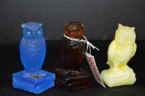 3 Owl Figurines: 1 Blue Frosted w/ Crystal Eyes by Westmoreland, 1 Clear Am