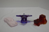 3 Paperweights: 1 Pink Milk Glass Car by Boyd, 1 Blue Carnival Plane, 1 Amb